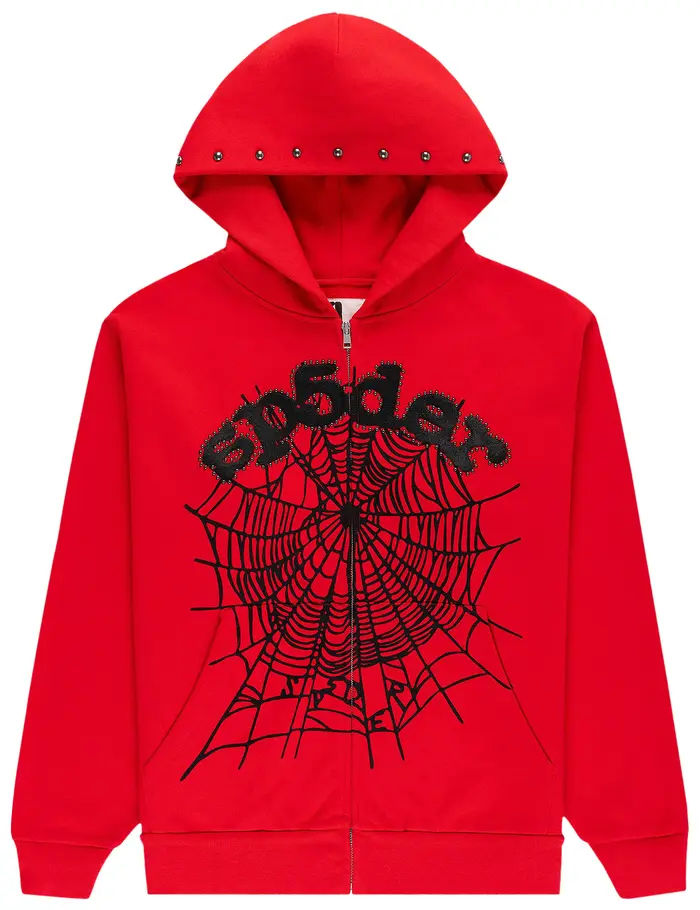 Sp5der OG Web Studded Zip Hoodie Red