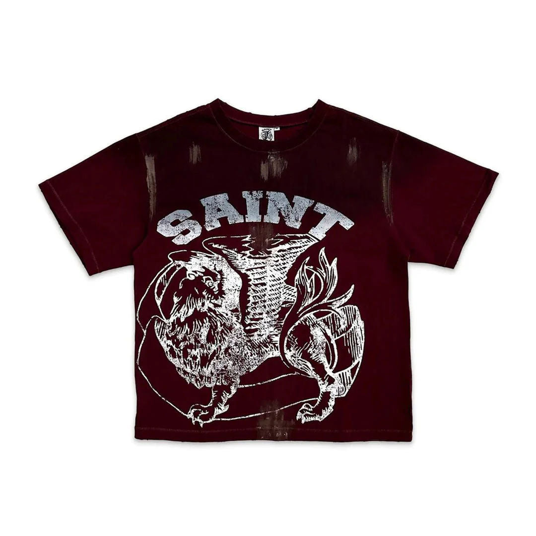 Saint Vanity Griffin Tee Distressed Dirty Washed Burgundy