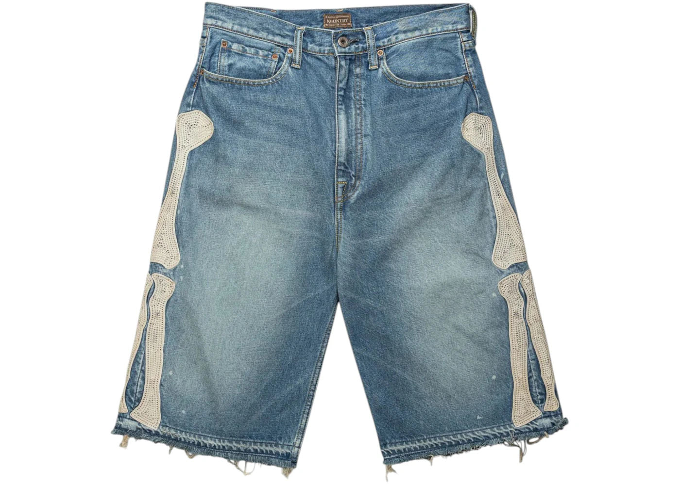 Kapital 14 Oz Denim 5P Bone Embroidery Shorts Light Indigo - Like New