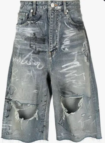 Balenciaga  Baggy graffiti-print denim shorts