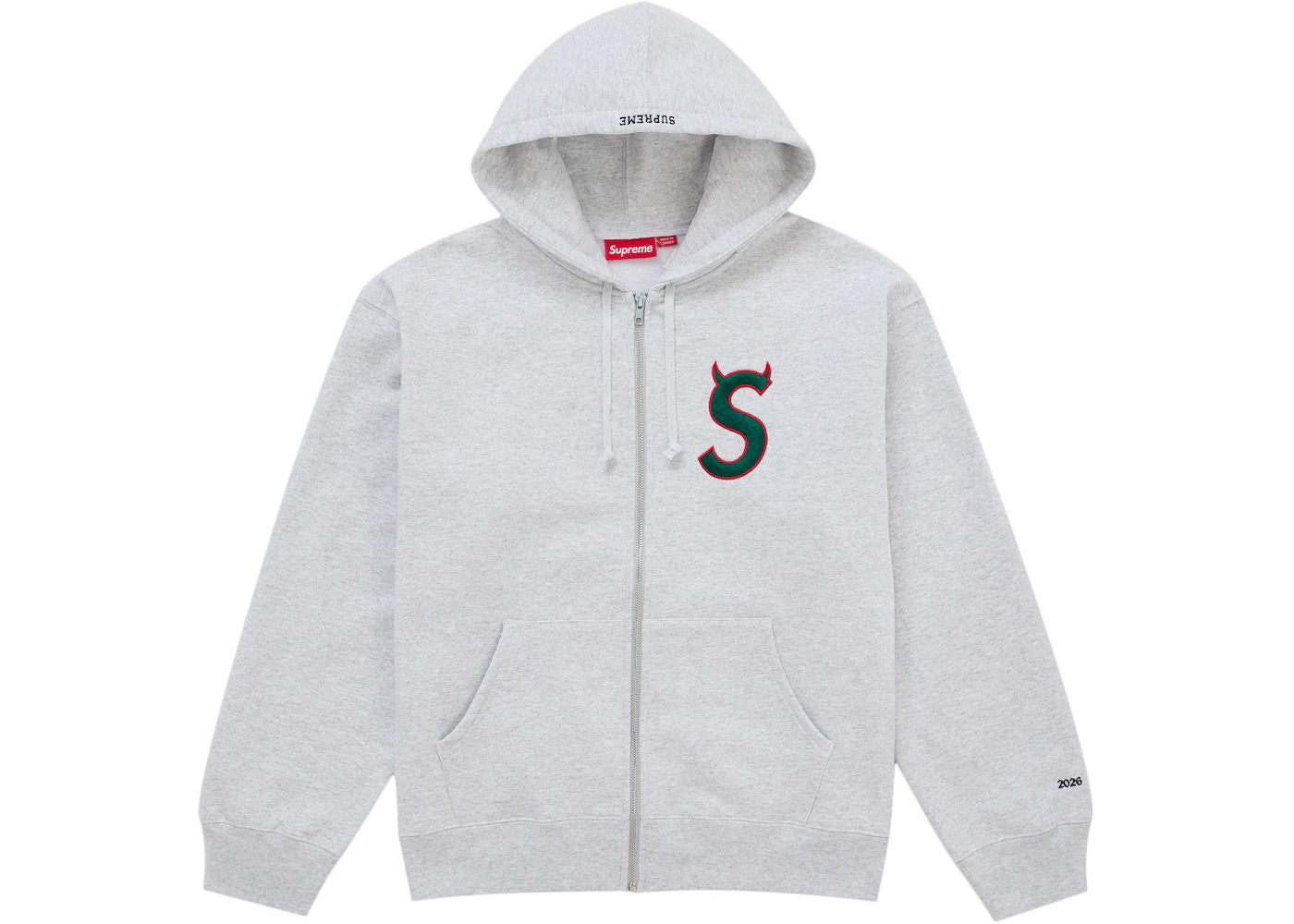 Supreme Devil S Logo Zip Up Hooded Sweatshirt Ash Grey